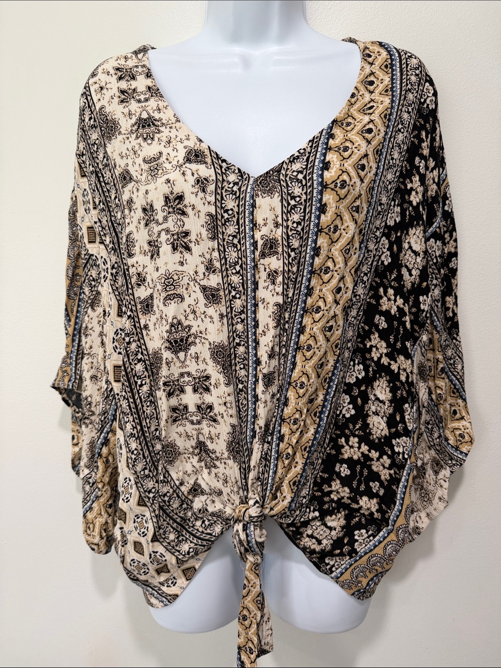 Boho Tie-Front V-Neck Top in Cream, Black & Gold